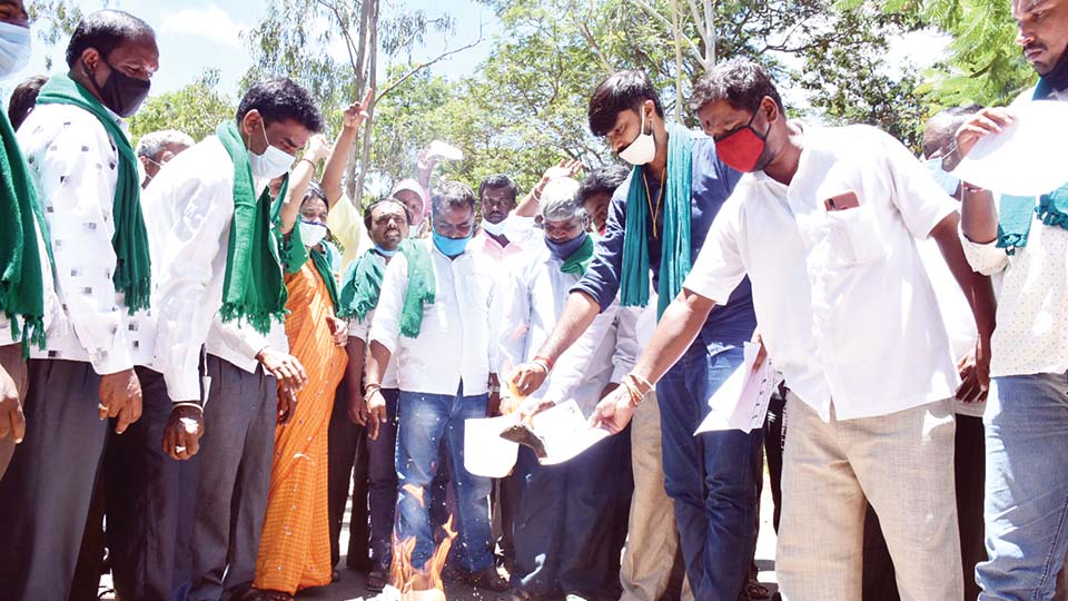 ಭೂ ಸುಧಾರಣೆ ತಿದ್ದುಪಡಿ ಕಾಯ್ದೆ ಗೆಜೆಟ್ ಪ್ರತಿ ಸುಟ್ಟು ರೈತ ಸಂಘಟನೆಗಳ ಆಕ್ರೋಶ